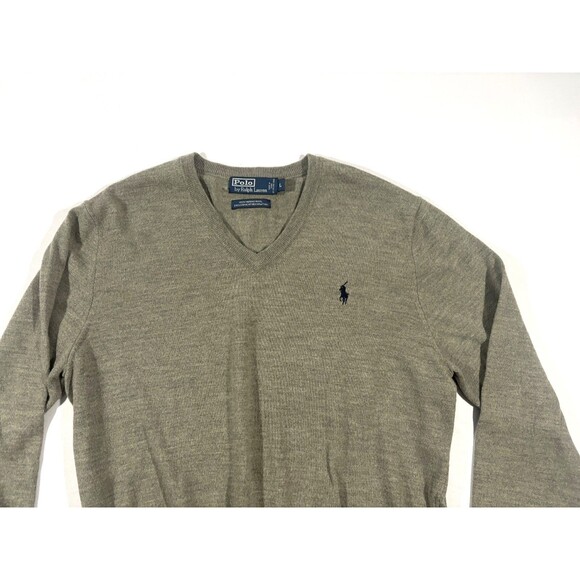 Polo Ralph Lauren Mens Gray Merino Wool Pullover V Neck Preppy Sweater Sz L - Picture 3 of 9